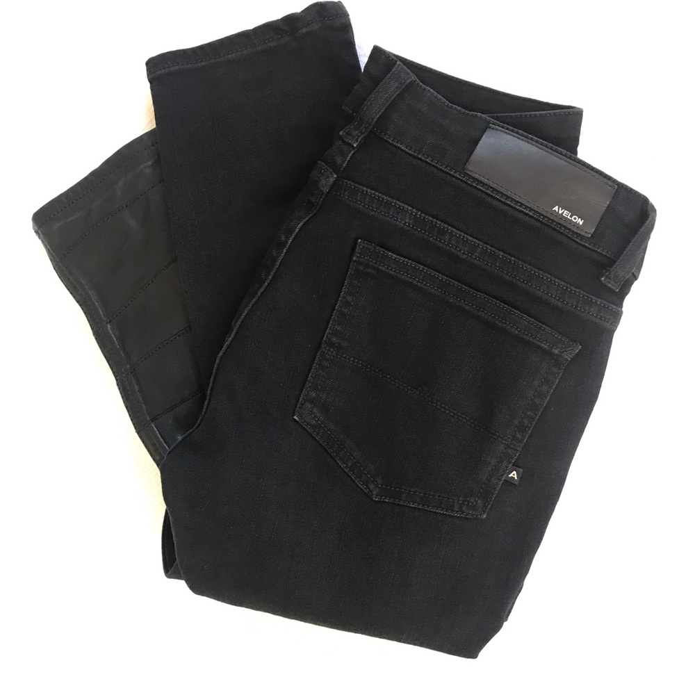 AVELON Black Leather Panel Skinny Jeans Moto Goth Minimalist Edgy Streetwear